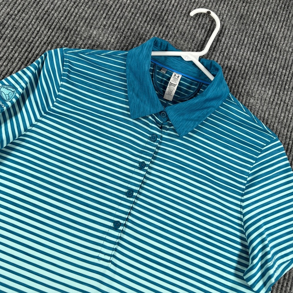 Under Armour Polo Shirt Womens Large Teal Striped Short Sleeve HeatGear Golf